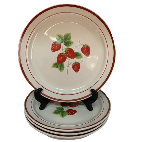Fugistone Other - Set Of 4 Vintage Fugistone 10 1/2” Dinner Plates Strawberry Pattern Stoneware